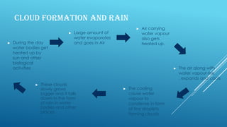 CLOUD FORMATION AND RAIN
► Large amount of
water evaporates
and goes in Air► During the day
water bodies get
heated up by
sun and other
biological
activities
► Air carrying
water vapour
also gets
heated up.
► The air along with
water vapour rise
, expands and cools
► The cooling
cause water
vapour to
condense in form
of tiny droplets
forming clouds
► These clouds
slowly grows
bigger and it falls
down in the form
of rain in water
bodies and other
places.
 