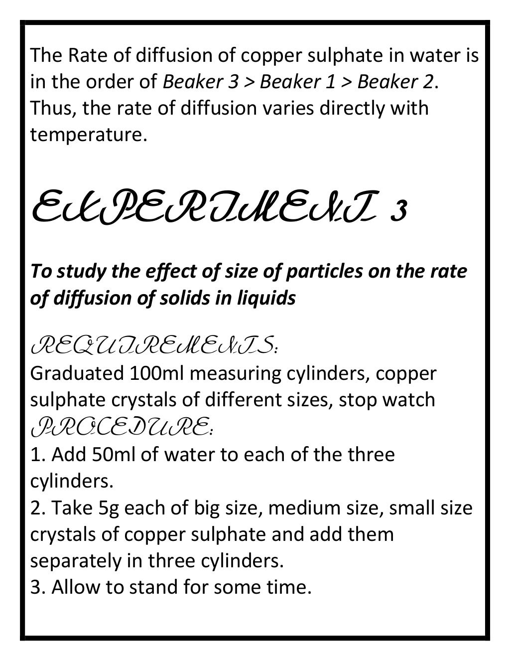 Study of Diffusion of solids in Liquids