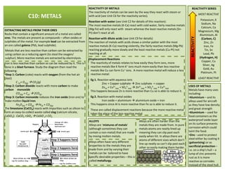 C10: METALS
REACTIVITY SERIES
MOST REACTIVE
Potassium, K
Sodium, Na
Calcium, Ca
Magnesium, Mg
Aluminium, Al
(Carbon, C)
Zinc, Zn
Iron, Fe
Tin, Sn
Lead, Pb
(Hydrogen, H)
Copper, Cu
Silver, Ag
Gold, Au
Platinum, Pt
LEAST REACTIVE
REACTIVITY
REACTIVITY OF METALS
The reactivity of metals can be seen by the way they react with steam or
with acid (see Unit C6 for the reactivity series).
Reaction with water (see Unit C2 for details of this reaction):
The most reactive metals (K-Ca) react with cold water, fairly reactive metals
(Mg-Fe) will only react with steam whereas the least reactive metals (Sn-
Pt) don’t react at all.
Reaction with dilute acids (see Unit C9 for details)
The reaction of metals with acids shows a similar patter with the most
reactive metals (K-Ca) reacting violently, the fairly reactive metals (Mg-Pb)
reacting gradually more slowly and the least reactive metals (Cu-Pt) not
reacting at all.
Displacement Reactions
The reactivity of metals relates to how easily they form ions, more
reactive metals like K form K+ ions much more easily than less reactive
metals like Cu can form Cu+ ions. A more reactive metal will reduce a less
reactive metal:
Eg 1. Reaction with aqueous ions
Zinc + Copper sulphate Zinc sulphate + copper
Zn + Cu2+ + SO 2- Zn2+ + SO 2- + Cu2+
EXTRACTING METALS FROM THEIR ORES
Rocks that contain a significant amount of a metal are called
ores. The metals are present as compounds – often oxides or
sulphides of the metal. For example lead can be extracted from
an ore called galena (PbS, lead sulphide).
Metals that are less reactive than carbon can be extracted by
using carbon as a reducing agent (to steal the oxygen/
sulphur). More reactive metals are extracted by electrolysis.
Iron is less reactive than carbon so can be reduced by it. This is
done in a blast furnace. Study the diagram then read the
following:
•Step 1: Carbon (coke) reacts with oxygen (from the hot air
blast)
C (s)+ O2(g) CO2(g)
•Step 2: Carbon dioxide reacts with more carbon to make USES OF METALSZn(s) + Cu2+
(aq) + SO4
2-
(aq) Zn2+
(aq) + SO4
2-
(aq) + Cu2+
(aq)
This happens because Zn is more reactive than Cu so is able to reduce it.
Eg 2. Reaction with metal oxides
Iron oxide + aluminium aluminium oxide + iron
This happens since Al is more reactive than Fe so is able to reduce it.
These are called displacement reactions because the more reactive metal
takes the place of the less reactive metal.
•Step 2: Carbon dioxide reacts with more carbon to make
carbon monoxide
CO2(g) + C(s) 2CO(g)
•Step 3: Carbon monoxide reduces the iron oxide (iron ore) to
make molten liquid iron.
Fe2O3(s) + CO(g) Fe(l) + CO2(g)
The limestone (CaCO3) reacts with impurities such as silicon to
form an easy-to-collect waste called slag (calcium silicate,
CaSiO3): CaCO3 +SiO2 CaSiO 3+ CO2
Step 1 happens here
Step 2 happens here
Step 3 happens here
ALLOYS
Alloys are ‘mixtures of metals’
(although sometimes they can
contain a non-metal) that are made
by mixing molten metals.
Alloys often have very different
properties to the metals they are
made from and by varying their
metals can be tailored to have
specific desirable properties – this is
called metallurgy.
Alloys are often harder than the
metals they are made from. In pure
metals atoms are neatly lined up
meaning they can slip past each
easily when hit. In alloys there are
atoms of different sizes which don’t
line up neatly so can’t slip past each
other so easily making them harder.
USES OF METALS
Metals have many uses
including:
•Aluminium – and its
alloys used for aircraft
as they have low density
and great strength
•Aluminium – used for
food containers as the
waterproof oxide layer
on its surface prevents
corrosion which could
taint the food.
•Zinc - used to protect
steel either by coating it
(galvanising) or as
sacrificial protection –
i.e. on a ship’s hull – a
lump of zinc prevents
rust as it is more
reactive so corrodes
instead of the steel hull.
AlloyElement
 