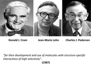 Donald J. Cram<br />Jean-Marie Lehn<br />Charles J. Pedersen<br />"for their development and use of molecules with structu...