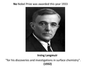 No Nobel Prize was awarded this year 1933<br />Irving Langmuir<br />"for his discoveries and investigations in surface che...