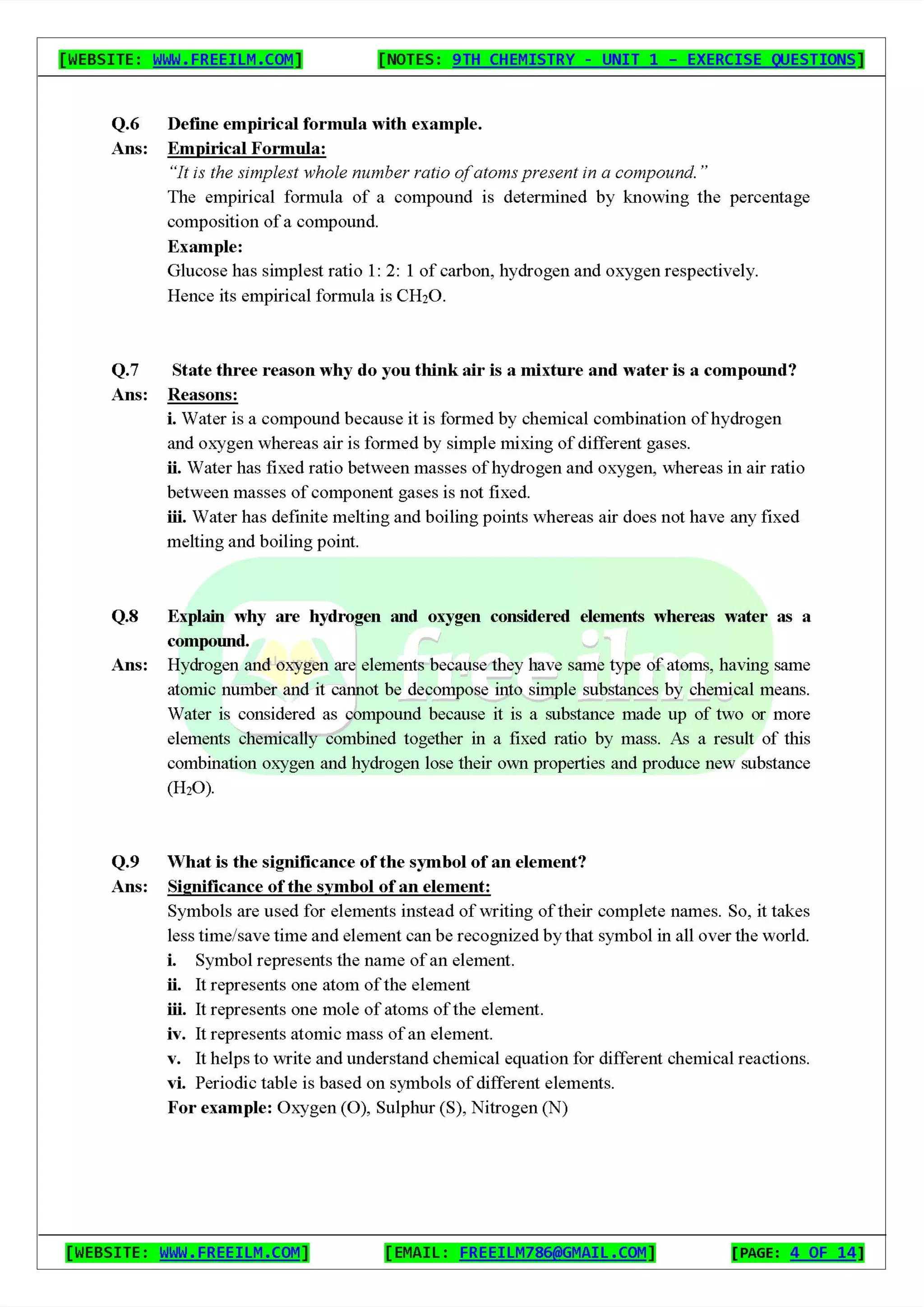 Chemistry Short Question Notes 9th Exercise full Book | PDF