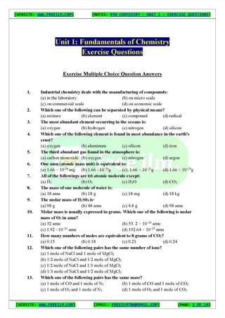 Chemistry Short Question Notes 9th Exercise full Book