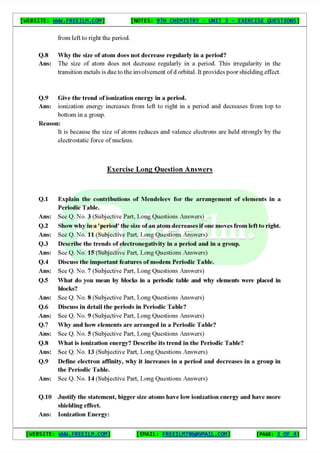 Chemistry Short Question Notes 9th Exercise full Book