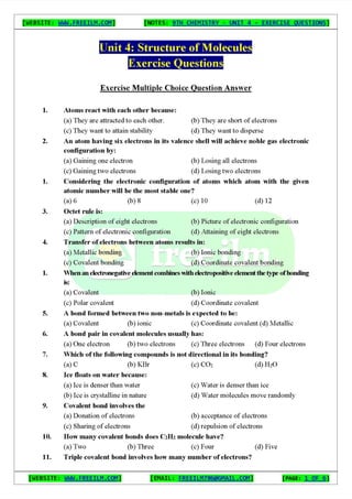 Chemistry Short Question Notes 9th Exercise full Book