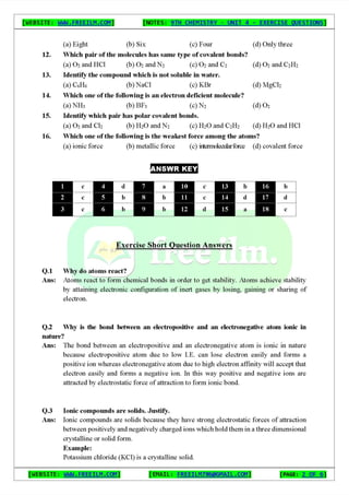 Chemistry Short Question Notes 9th Exercise full Book