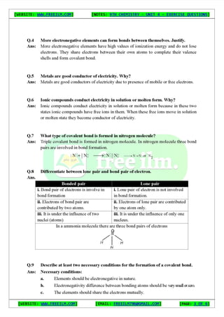 Chemistry Short Question Notes 9th Exercise full Book