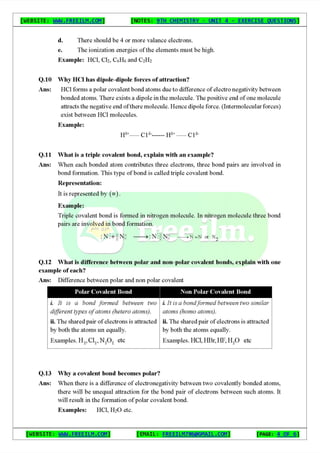 Chemistry Short Question Notes 9th Exercise full Book