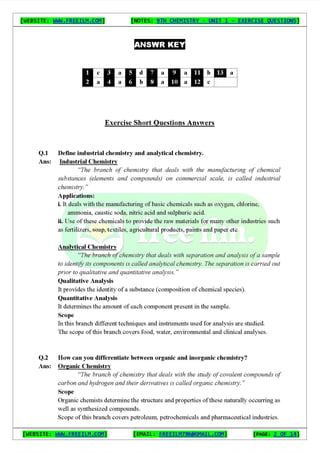 Chemistry Short Question Notes 9th Exercise full Book