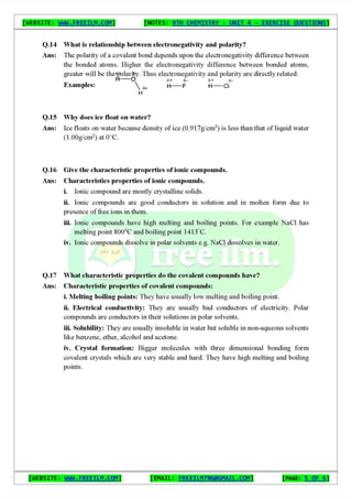 Chemistry Short Question Notes 9th Exercise full Book