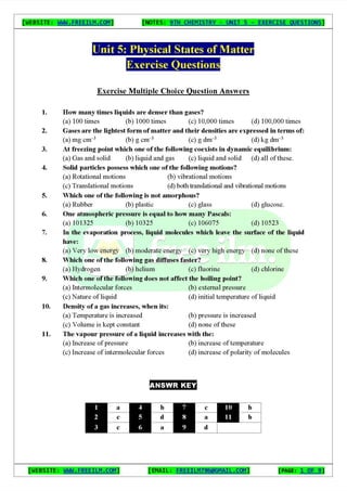 Chemistry Short Question Notes 9th Exercise full Book