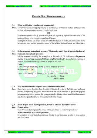 Chemistry Short Question Notes 9th Exercise full Book