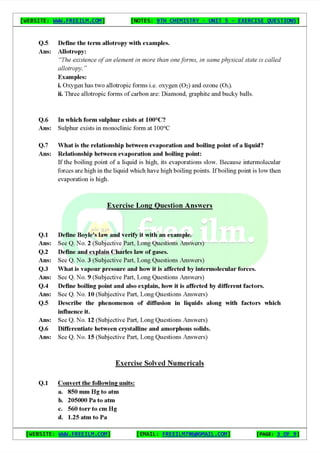 Chemistry Short Question Notes 9th Exercise full Book