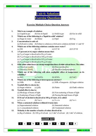 Chemistry Short Question Notes 9th Exercise full Book