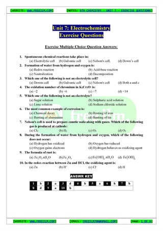Chemistry Short Question Notes 9th Exercise full Book