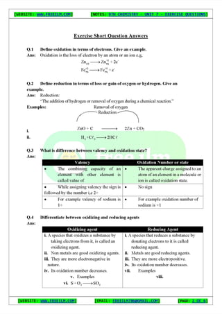 Chemistry Short Question Notes 9th Exercise full Book