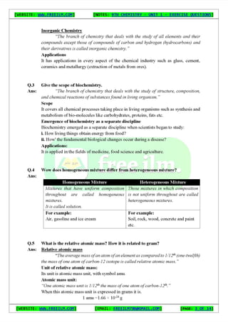 Chemistry Short Question Notes 9th Exercise full Book