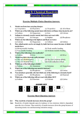 Chemistry Short Question Notes 9th Exercise full Book