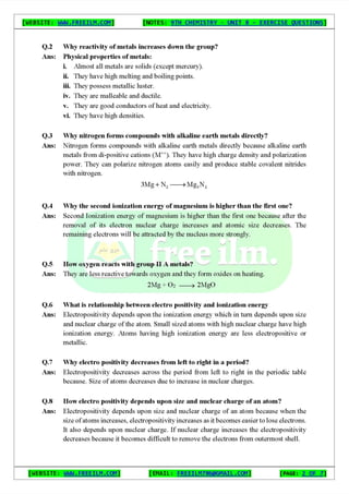 Chemistry Short Question Notes 9th Exercise full Book