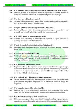 Chemistry Short Question Notes 9th Exercise full Book