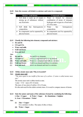 Chemistry Short Question Notes 9th Exercise full Book