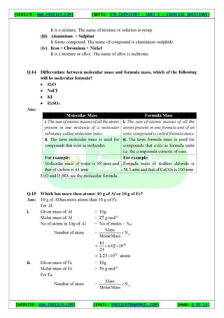 Chemistry Short Question Notes 9th Exercise full Book