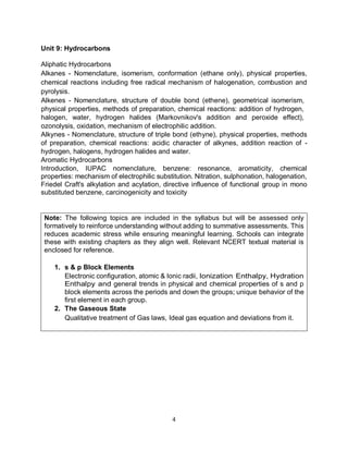 4
Unit 9: Hydrocarbons
Aliphatic Hydrocarbons
Alkanes - Nomenclature, isomerism, conformation (ethane only), physical properties,
chemical reactions including free radical mechanism of halogenation, combustion and
pyrolysis.
Alkenes - Nomenclature, structure of double bond (ethene), geometrical isomerism,
physical properties, methods of preparation, chemical reactions: addition of hydrogen,
halogen, water, hydrogen halides (Markovnikov's addition and peroxide effect),
ozonolysis, oxidation, mechanism of electrophilic addition.
Alkynes - Nomenclature, structure of triple bond (ethyne), physical properties, methods
of preparation, chemical reactions: acidic character of alkynes, addition reaction of -
hydrogen, halogens, hydrogen halides and water.
Aromatic Hydrocarbons
Introduction, IUPAC nomenclature, benzene: resonance, aromaticity, chemical
properties: mechanism of electrophilic substitution. Nitration, sulphonation, halogenation,
Friedel Craft's alkylation and acylation, directive influence of functional group in mono
substituted benzene, carcinogenicity and toxicity
Note: The following topics are included in the syllabus but will be assessed only
formatively to reinforce understanding without adding to summative assessments. This
reduces academic stress while ensuring meaningful learning. Schools can integrate
these with existing chapters as they align well. Relevant NCERT textual material is
enclosed for reference.
1. s & p Block Elements
Electronic configuration, atomic & Ionic radii, Ionization Enthalpy, Hydration
Enthalpy and general trends in physical and chemical properties of s and p
block elements across the periods and down the groups; unique behavior of the
first element in each group.
2. The Gaseous State
Qualitative treatment of Gas laws, Ideal gas equation and deviations from it.
 