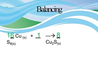 Balancing
16 Cu (s) + 1
S8(s)
--- 8
Cu2S(s)
 