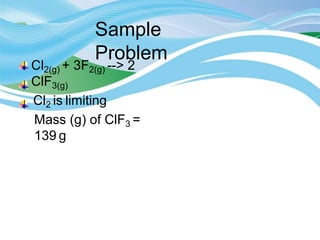 Sample
Problem
Cl2(g) + 3F2(g) --> 2
ClF3(g)
Cl2 is limiting
Mass (g) of ClF3 =
139 g
 