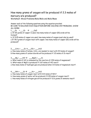 Chemistry stoichiometry problems | DOC