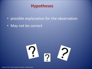Hypotheses possible explanation for the observation May not be correct Copyright © 2007  Pearson Benjamin Cummings.  All rights reserved. 