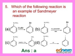 5. Which of the following reaction is
an example of Sandmeyer
reaction
(a) (b)
(c) (d)
Ans : a
 