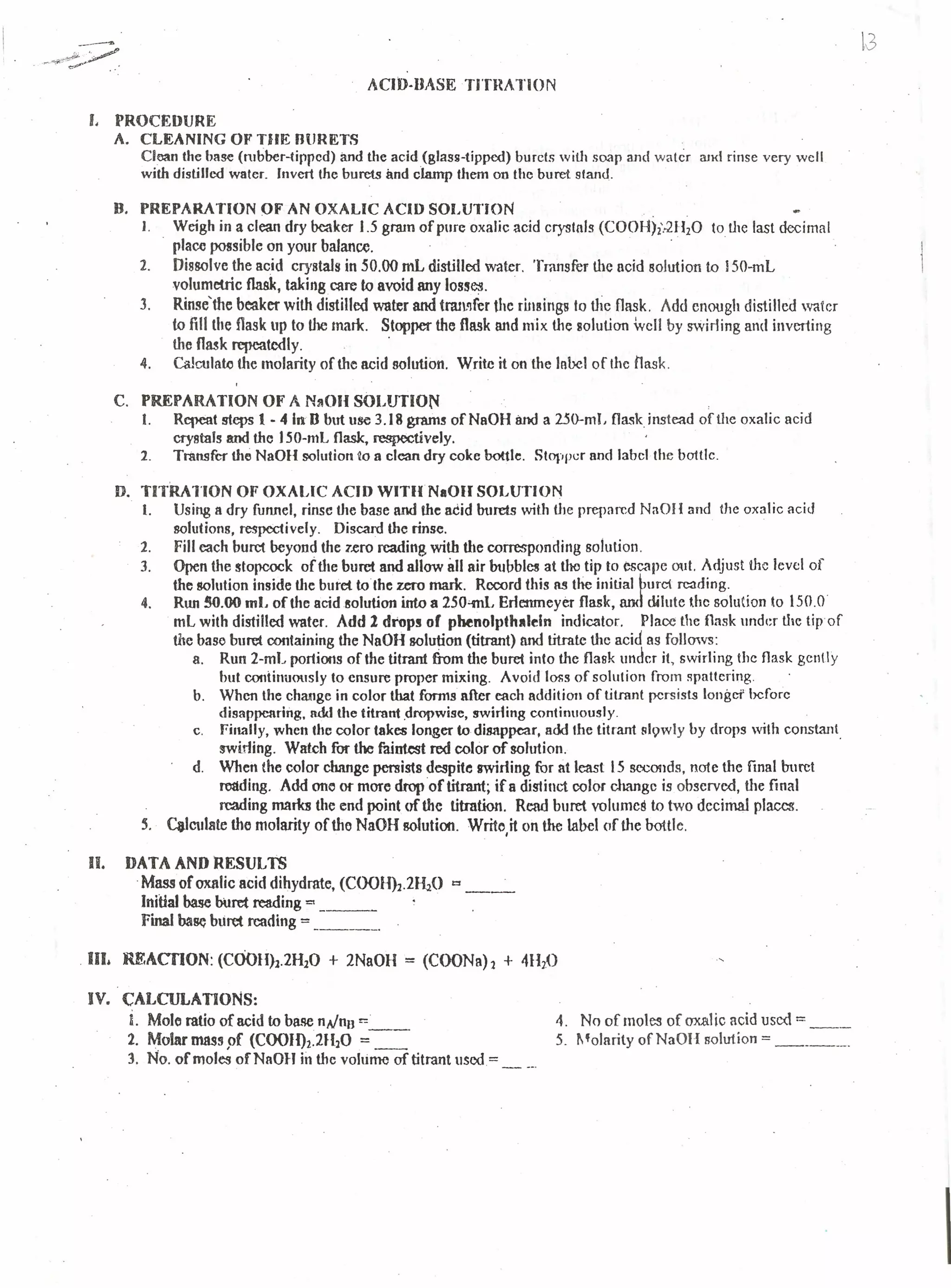 Chemistry Titration Lab Report Handout PDF