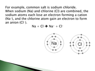 For example, common salt is sodium chloride.  When sodium (Na) and chlorine (Cl) are combined, the sodium atoms each lose an electron forming a cation (Na + ), and the chlorine atom gain an electron to form an anion (Cl − ).  Na + Cl    Na +  + Cl - 