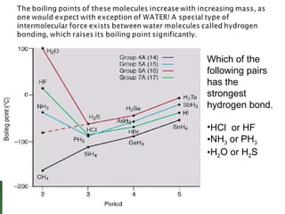 Which of the following pairs has the strongest hydrogen bond. HCl  or HF NH 3  or PH 3 H 2 O or H 2 S 
