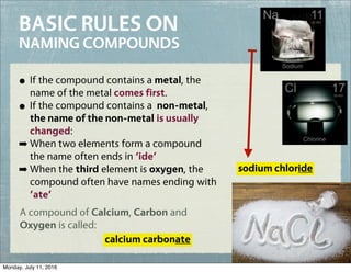 BASIC RULES ON
NAMING COMPOUNDS
• If the compound contains a metal, the
name of the metal comes first.
• If the compound contains a non-metal,
the name of the non-metal is usually
changed:
➡ When two elements form a compound
the name often ends in ‘ide’
➡ When the third element is oxygen, the
compound often have names ending with
’ate’
sodium chloride
A compound of Calcium, Carbon and
Oxygen is called:
calcium carbonate
Monday, July 11, 2016
 
