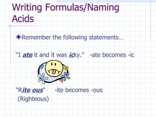 Writing Formulas/Naming Acids Remember the following statements… “ I  ate  it and it was  ic ky.”  -ate becomes -ic “ R ite   ous ”  -ite becomes -ous (Righteous) 
