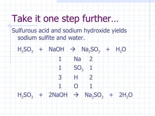 Take it one step further… Sulfurous acid and sodium hydroxide yields sodium sulfite and water. H 2 SO 3   +  NaOH     Na 2 SO 3   +  H 2 O 1 Na 2 1 SO 3 1 3 H 2 1 O 1 H 2 SO 3   +  2NaOH     Na 2 SO 3   +  2H 2 O 