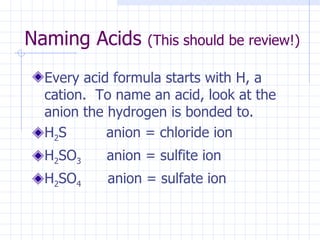 Naming Acids  (This should be review!) Every acid formula starts with H, a cation.  To name an acid, look at the anion the hydrogen is bonded to. H 2 S  anion = chloride ion H 2 SO 3    anion = sulfite ion H 2 SO 4   anion = sulfate ion 