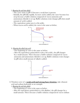 i. Running the acid into alkali:
- The curve starts at pH 12 because a weak base is present.
- Initially, the pH falls rapidly. As more acid is added, the curve becomes less
steep because a buffer solution composed of excess ammonia and
ammonium chloride is set up. Buffer solutions resist changes pH when small
amount of acid is added.
- The equivalence point now is a bit acidic.
- When excess acid is added, the curve is the same as before.
ii. Running the alkali into acid:
- The beginning of curve is the same as before.
- After the equivalence point(which is also a bit acidic), the pH changes
by a small amount. This is because a buffer solution composed of excess
ammonia and ammonium chloride is set up. Buffer solutions resist changes
in pH when small amount of alkali is added.
4) Titration curve of a weak acid and strong base titration, take ethanoic
acid and sodium hydroxide as an example:
i. Running the acid into alkali:
- The beginning of curve is the same as before.
- After the equivalence point(which is a bit alkaline), the pH changes by a
small amount. This is because a buffer solution composed of excess sodium
 