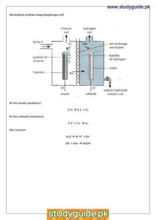 Electrolysis of Brine using Diaphragm cell
At the anode (oxidation):
2 Cl-
 2 e-
+ Cl2
At the cathode (reduction):
2 H+
+ 2 e-
 H2
Net reaction:
H2O   H+
+ OH-
OH-
+ Na+  NaOH
www.studyguide.pk
 