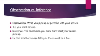 Observation vs. Inference 
 Observation- What you pick up or perceive with your senses. 
 Ex: you smell smoke. 
 Inference- The conclusion you draw from what your senses 
pick up. 
 Ex: The smell of smoke tells you there must be a fire. 
 