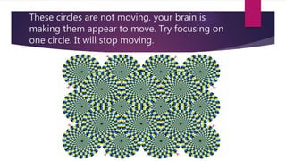 These circles are not moving, your brain is 
making them appear to move. Try focusing on 
one circle. It will stop moving. 
 