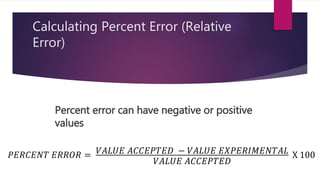 Calculating Percent Error (Relative 
Error) 
Percent error can have negative or positive 
values 
푃퐸푅퐶퐸푁푇 퐸푅푅푂푅 = 푉퐴퐿푈퐸 퐴퐶퐶퐸푃푇퐸퐷 − 푉퐴퐿푈퐸 퐸푋푃퐸푅퐼푀퐸푁푇퐴퐿 
푉퐴퐿푈퐸 퐴퐶퐶퐸푃푇퐸퐷 
X 100 
 