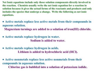 Net Ionic equations include only those solution components directly involved in the reaction.  Chemists usually write the net ionic equation for a reaction in solution because it gives the actual forms of the reactants and products and only includes the species that undergo a change.  Write the following as net ionic equations.    Active metals replace less active metals from their compounds in aqueous solution. Magnesium turnings are added to a solution of iron(III) chloride.    Active metals replace hydrogen in water. Sodium is added to water.    Active metals replace hydrogen in acids. Lithium is added to hydrochloric acid (HCl).    Active nonmetals replace less active nonmetals from their compounds in aqueous solution. Chlorine gas is bubbled into a solution of potassium iodide. 
