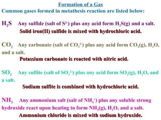 Formation of a Gas Common gases formed in metathesis reaction are listed below: H 2 S  Any sulfide (salt of S 2- ) plus any acid form H 2 S(g) and a salt.  Solid iron(II) sulfide is mixed with hydrochloric acid. CO 2  Any carbonate (salt of CO 3 2- ) plus any acid form CO 2 (g), H 2 O, and a salt.  Potassium carbonate is reacted with nitric acid.   SO 2 Any sulfite (salt of SO 3 2- ) plus any acid form SO 2 (g), H 2 O, and a salt.  Sodium sulfite is combined with hydrochloric acid. NH 3  Any ammonium salt (salt of NH 4 + ) plus any soluble strong hydroxide react upon heating to form NH 3 (g), H 2 O, and a salt.  Ammonium chloride is mixed with sodium hydroxide. 