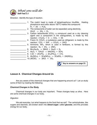 - 11 -
What you will do
Self-Test 3.1
Direction: Identify the type of reaction.
_______________ 1. The match head is made of tetraphosphorus trisulfide. Heating
phosphorus and sulfur above 100O
C makes this compound:
P4 + 3S → P4S3
_______________ 2. The components of water can be separated using electricity.
2H2O → 2H2 + O2
_______________ 3. Carbon tetrachloride (CCl4), a compound used as a dry cleaning
agent and a component in fire extinguishers, is made by this
reaction: 2 S2Cl2 + C → CCl4 + 4S
_______________ 4. Freon-12, CCl2F2, a substance used as refrigerant, is made by this
reaction: CCl4 + 2HF → CCl2F2 + 2HCl
_______________ 5. Ammonia, NH3, which is used in fertilizers, is formed by this
reaction: N2 + 3H2 → 2NH3
_______________ 6. Mn4Ga2S6 → 3MnS + Ga2S + S2
_______________ 7. Al4C3 + 12H2O → 4Al(OH)3 + 3CH4
_______________ 8. 3 Zn + 2H3PO4 → Zn3(PO4)2 + 3 H2
_______________ 9. Al2(SO4)3 + 3Ca(NO3)2 → 3CaSO4 + 2Al(NO3)3
_______________ 10. 2KClO3 → 2KCl + 3O2
Lesson 4. Chemical Changes Around Us
Are you aware of the chemical changes that are happening around us? Let us study
some of them by reading the following:
Chemical Changes in Our Body
Chemical changes in our body are important. These changes keep us alive. Here
are some chemical changes in our body.
Digestion
We eat everyday, but what happens to the food that we eat? The carbohydrates, like
sugars and starches, are broken down into blood sugar, called glucose, and this provides
energy for our body.
Key to answers on page 23.
 