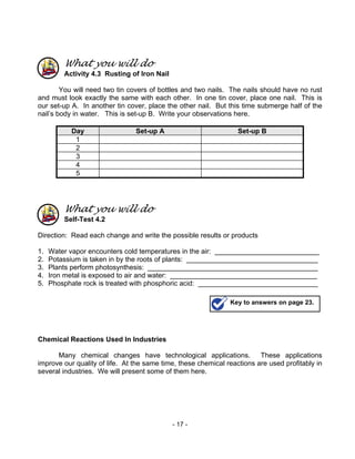 - 17 -
What you will do
Activity 4.3 Rusting of Iron Nail
You will need two tin covers of bottles and two nails. The nails should have no rust
and must look exactly the same with each other. In one tin cover, place one nail. This is
our set-up A. In another tin cover, place the other nail. But this time submerge half of the
nail’s body in water. This is set-up B. Write your observations here.
Day Set-up A Set-up B
1
2
3
4
5
What you will do
Self-Test 4.2
Direction: Read each change and write the possible results or products
1. Water vapor encounters cold temperatures in the air: ___________________________
2. Potassium is taken in by the roots of plants: __________________________________
3. Plants perform photosynthesis: ____________________________________________
4. Iron metal is exposed to air and water: ______________________________________
5. Phosphate rock is treated with phosphoric acid: _______________________________
Chemical Reactions Used In Industries
Many chemical changes have technological applications. These applications
improve our quality of life. At the same time, these chemical reactions are used profitably in
several industries. We will present some of them here.
Key to answers on page 23.
 