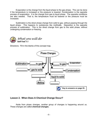 - 6 -
Evaporation is the change from the liquid phase to the gas phase. This can be done
if the temperature is increased or the pressure is lowered. Condensation is the opposite
process of evaporation. It is the change from gas to liquid phase. The opposite conditions
are also needed. That is, the temperature must be lowered or the pressure must be
increased.
Sublimation is the direct phase change from solid to gas, without passing through the
liquid phase. This happens to substances like mothballs. Deposition is the opposite
process of sublimation. This is the direct change from gas to the solid phase, without
undergoing condensation or freezing.
What you will do
Self-Test 1.1
Directions: Fill in the blanks of this concept map.
Lesson 2. When Does A Chemical Change Occur?
Aside from phase changes, another group of changes is happening around us.
These changes are called chemical changes.
Evaporation
Melting
Key to answers on page 22.
 