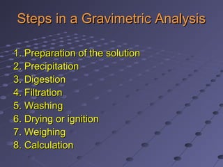 Steps in a Gravimetric AnalysisSteps in a Gravimetric Analysis
1. Preparation of the solution1. Preparation of the solution
2. Precipitation2. Precipitation
3. Digestion3. Digestion
4. Filtration4. Filtration
5. Washing5. Washing
6. Drying or ignition6. Drying or ignition
7. Weighing7. Weighing
8. Calculation8. Calculation
 